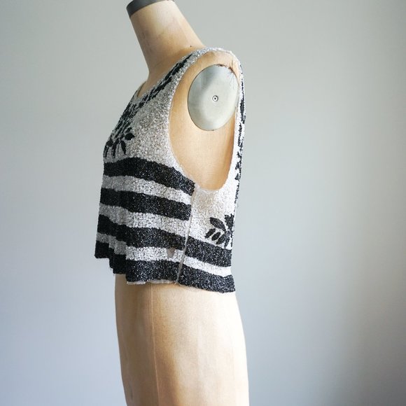 Zara fully Sequined Black and White Crop top with Flowers and Strips - Size S - Picture 8 of 12